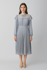 Daily chiffon pleats dress top with yuke lace fabric gatheres on wasit seam bottom fully pleats