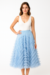 BLUE MESH SKIRT	PLAIN BLUE NEEDLE & THREAD HATTIE RUFFLE ANKLE SKIRT