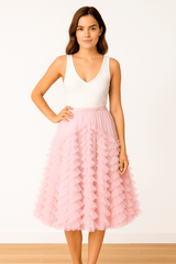 BLUE MESH SKIRT PLAIN BLUE NEEDLE & THREAD HATTIE RUFFLE ANKLE SKIRT