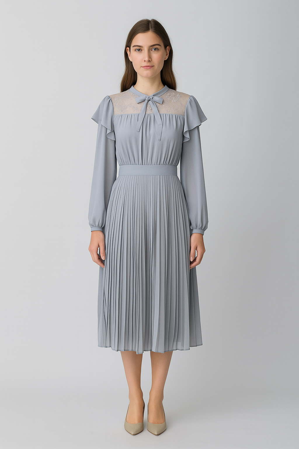 Daily chiffon pleats dress top with yuke lace fabric gatheres on wasit seam bottom fully pleats