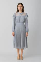 Daily chiffon pleats dress top with yuke lace fabric gatheres on wasit seam bottom fully pleats