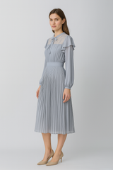 Daily chiffon pleats dress top with yuke lace fabric gatheres on wasit seam bottom fully pleats