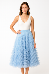 BLUE MESH SKIRT	PLAIN BLUE NEEDLE & THREAD HATTIE RUFFLE ANKLE SKIRT