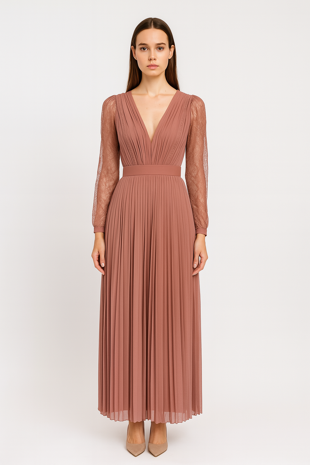 Ocassion chiffon  dress Deep V neck  lace long sleeves